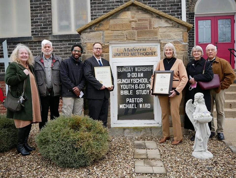 CCM/Thomas Clapper Malvern United Methodist Church celebrated its acceptance into the State and National Register of Historic Places at its special service featuring (from left): Beth Pearce, stewardship chair; Gary Pearce, worship leader and Stewardship Committee member; Isaac “Ike” Moser, guest speaker and former church historian; Jason Lombardi, guest speaker; and Project Manager Connie Clark, Karen Hugus and Stewardship Committee member Dr. Chuck Hugus.
