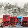 Chocolate packaging in front of a vintage canal boat image.