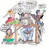 A cartoon of a father working at a desk surrounded by children.