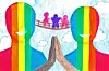 Two colorful figures with rainbow stripes symbolizing unity.