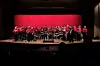 School band performing on stage with red backdrop.