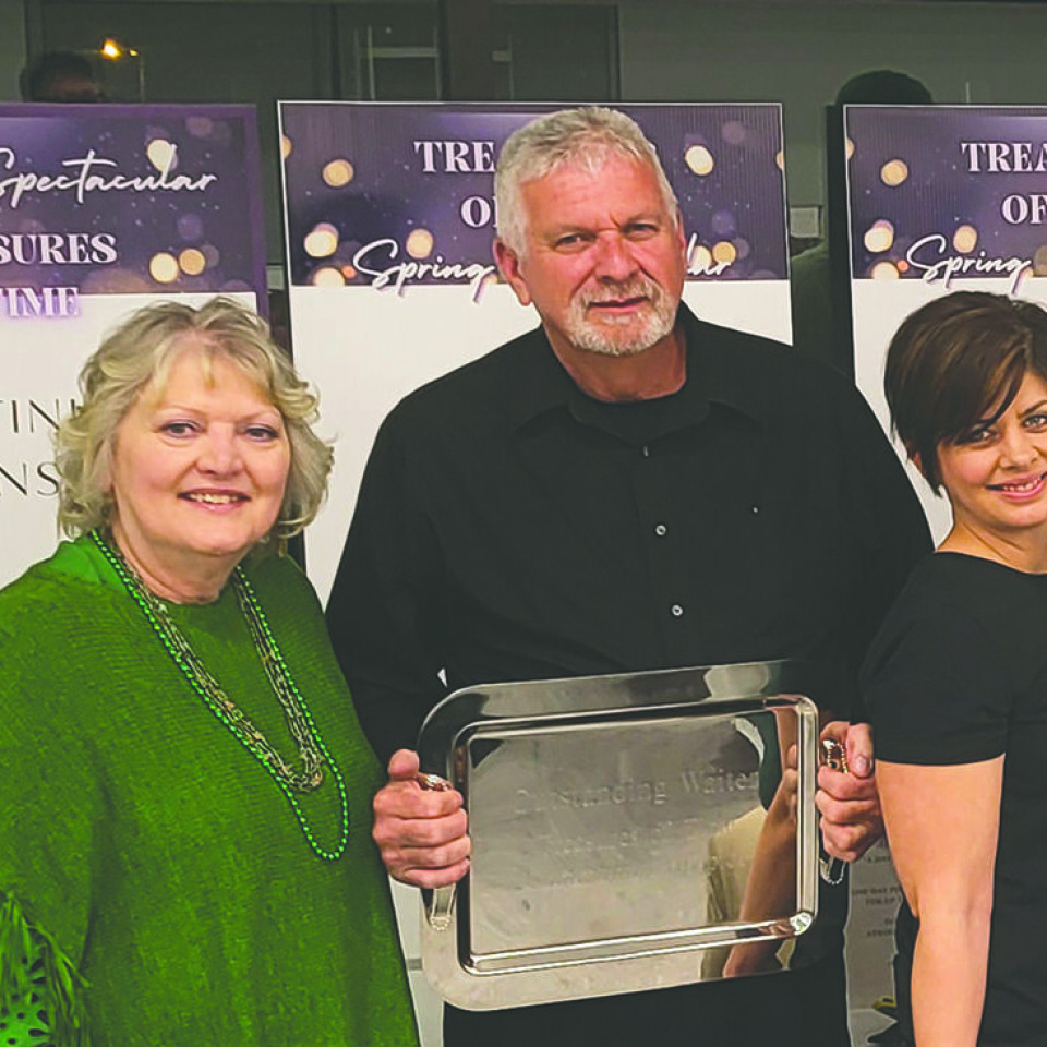 CCM/Connie JenkinsThe top three servers at Ohio’s Hopice Spring Spectacular Treasures In Time were recognized during the March 16 event. Shown from left are Janet Smith, third place; Allan Furbee, first place; and Katie DeLane, second place.