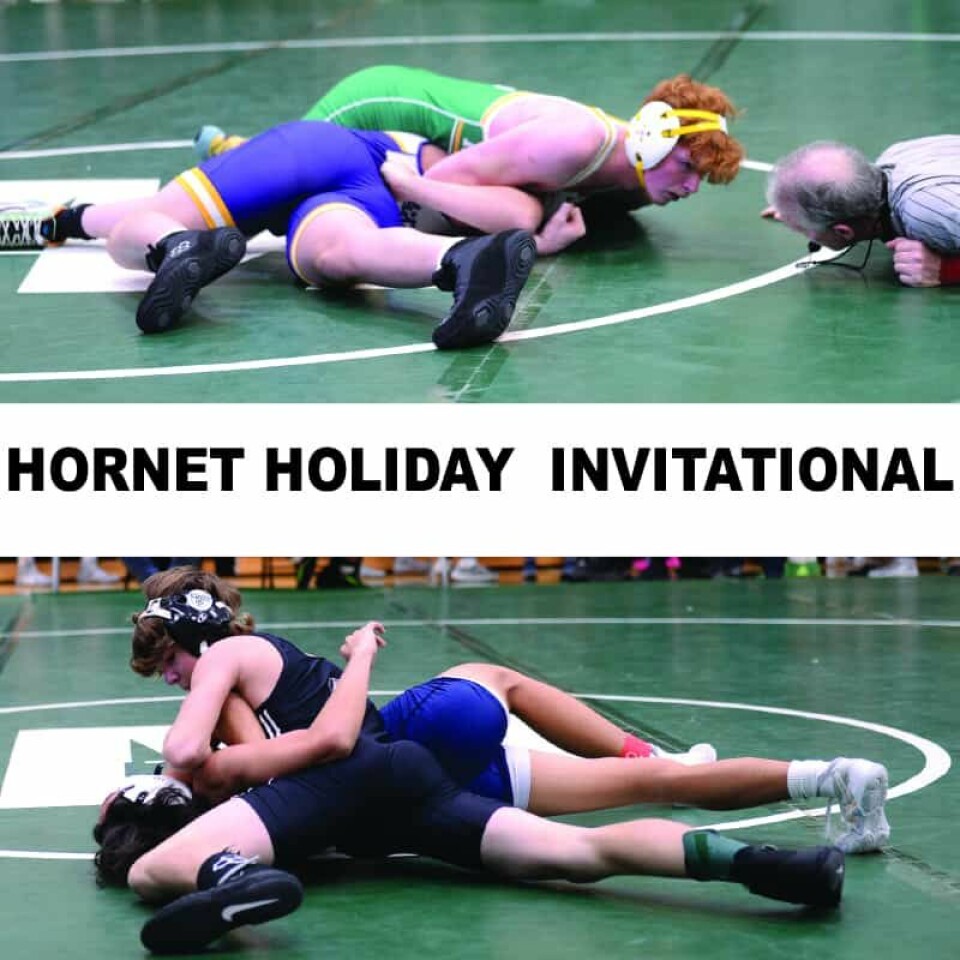 Top: Ryan Bagby of Conotton Valley (green singlet) posted a pin (1:04) over William Walker of Jackson in a first round match.Bottom:Sawyer Broadwater of Carrollton (black singlet) pinned Pierre Castino of Louisville (1:48) in a second round match and went on to win the 106 lb. bracket.
