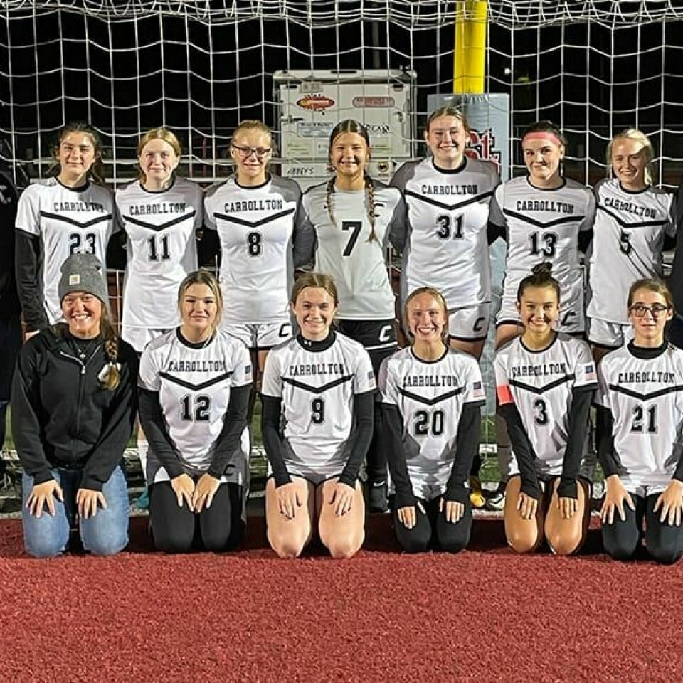 Submitted PhotoThe Carrollton girls soccer team defeated St. Clairsville 2-1 for the sectional championship, the second in school history. The Warriors (No. 9 seed) were scheduled to play Zanesville (No. 10) in the opening round of district action in the combined East District 2 Tuesday Oct. 24) at St. Clairsville at 6:30 p.m. Carrollton is 11-4-4 and Zanesville 8-8.Team members are shown above. Kneeling from left: Assistant Coach Adrianna Thompson, Tianna Harrington, Erica Brown, Isabella Nuzzolillo, Lilliana Menarcheck and Ani Ruggieri. Second row: Coach Chris Knotts, Ava Kail, Lexi Shockey, Addison Jurkeiwicz, Gianna James, Ryleigh Hanenkrat, Chelsea Pesta, Ariona Rutledge and Assistant Coach Ashlynn Knotts.