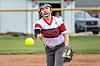 Softball player throwing a ball on the field.