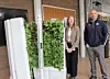 Vertical garden with staff members in a school hallway.