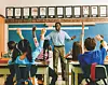 Students raising hands in a classroom with a teacher at the front.