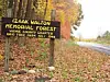 Sign for Izaak Walton Memorial Forest beside a rural road.