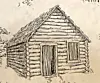 Illustration of a log cabin with a sloped roof.