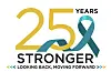 Logo celebrating 25 years with teal ribbon and text.