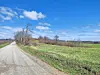 Gravel road in a rural area with green fields and blue sky.