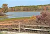 Tranquil lake with autumn trees and a wooden fence.