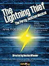 Poster for 'The Lightning Thief' musical with a lightning bolt on a blue brick background.