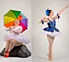Two ballet dancers in colorful costumes, one with an umbrella.