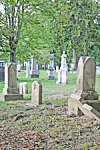 Gravestones in a cemetery with trees in the background.