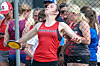 Female athlete in red uniform throwing a discus.