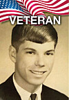 Vintage portrait of a young veteran with an American flag background.