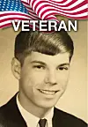 Vintage portrait of a young veteran with an American flag background.