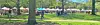 Outdoor market with colorful tents and people in a park.