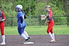 Softball players on the field during a game.