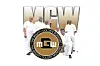 A group stands and sits in front of a large MGW logo and circular The Mighty Golden Warriors emblem on a white background.