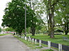 A park path lined with white posts, grass, and large trees, with a bench and pavilion in the distance.