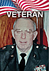 Portrait of a man in military uniform under an American flag graphic labeled Veteran.