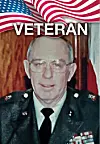 Portrait of a man in military uniform under an American flag graphic labeled Veteran.