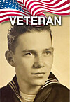 Sepia portrait of a sailor with an American flag and the word veteran across the top.
