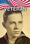 Sepia portrait of a sailor with an American flag and the word veteran across the top.