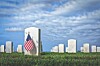 Rows of white military headstones with American flags in a grassy cemetery under clouds.