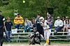 A softball batter swings at a pitch while a catcher and umpire are positioned behind home plate.
