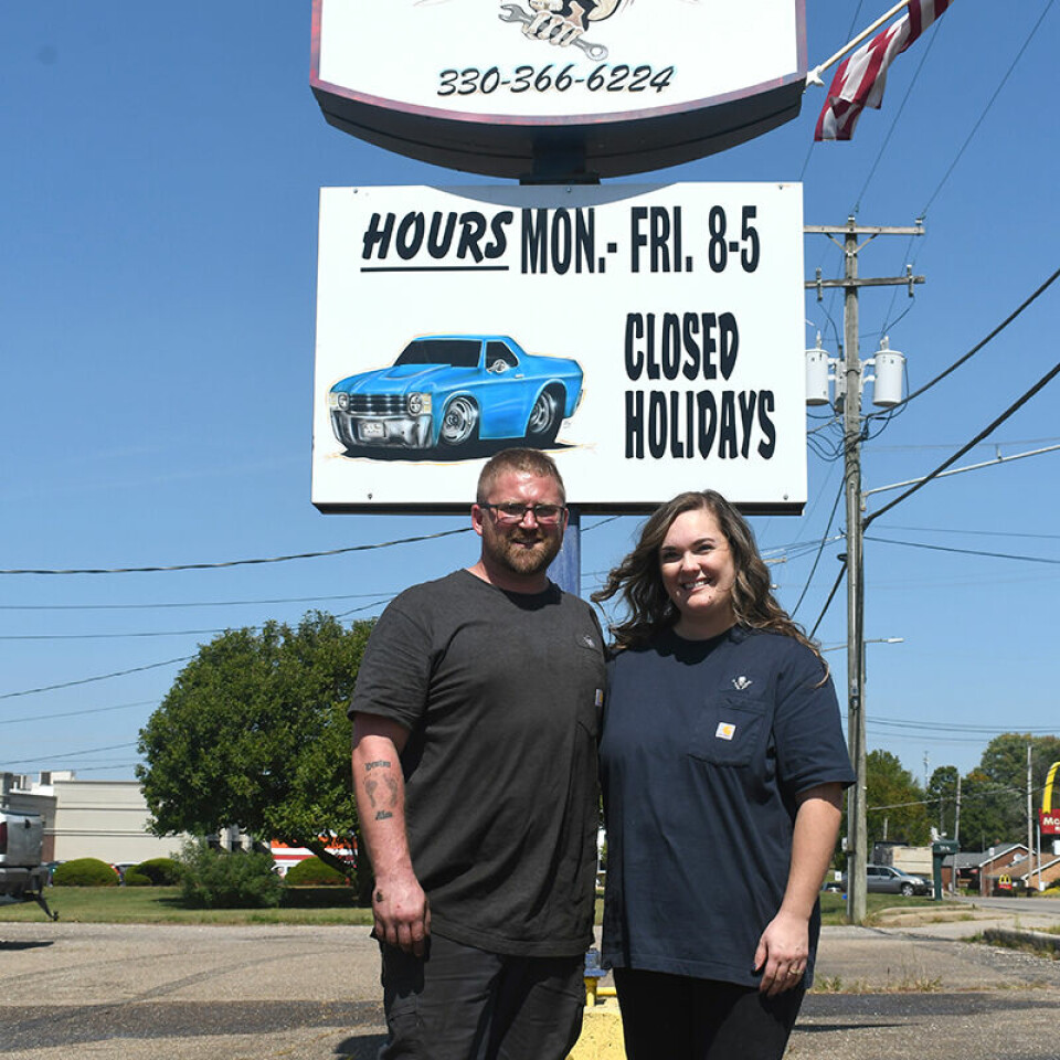 CCM/Carol McIntireSam (left) and Melody Hamilton are shown standing near the sign of their Canton Rd., Carrollton, business, Horsepower by Hamilton.