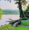 A wooden footbridge on a grassy lakeshore with trees, hills, and still water in the background.