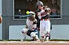 Softball batter swinging while catcher crouches behind home plate.