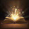 An open book with golden light and sparkles rising from the pages on a dark background.