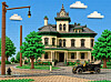 Historic house with columns and a vintage car parked on a street in front.