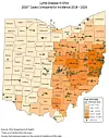 County map of Ohio shaded by Lyme disease incidence rates from 2016 to 2025.