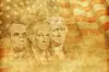 Illustration of America’s Founding Fathers over a faded U.S. flag background.