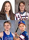 Four-panel collage with two portraits and two youth athletes in hockey and baseball uniforms.