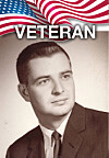Portrait of a man under a U.S. flag graphic with the word Veteran at the top.
