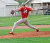 Baseball pitcher in a red jersey winds up and throws from the mound on a field.