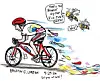 Illustration of a cyclist on a red bike with a colorful trailing path and two bees nearby.
