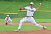 Baseball pitcher in white uniform throws from the mound with an infielder crouched behind him.