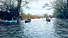 Several rowboats with people on a tree-lined river under a bright sky.