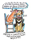 Illustrated card showing two dogs sitting together with handwritten speech text above them.