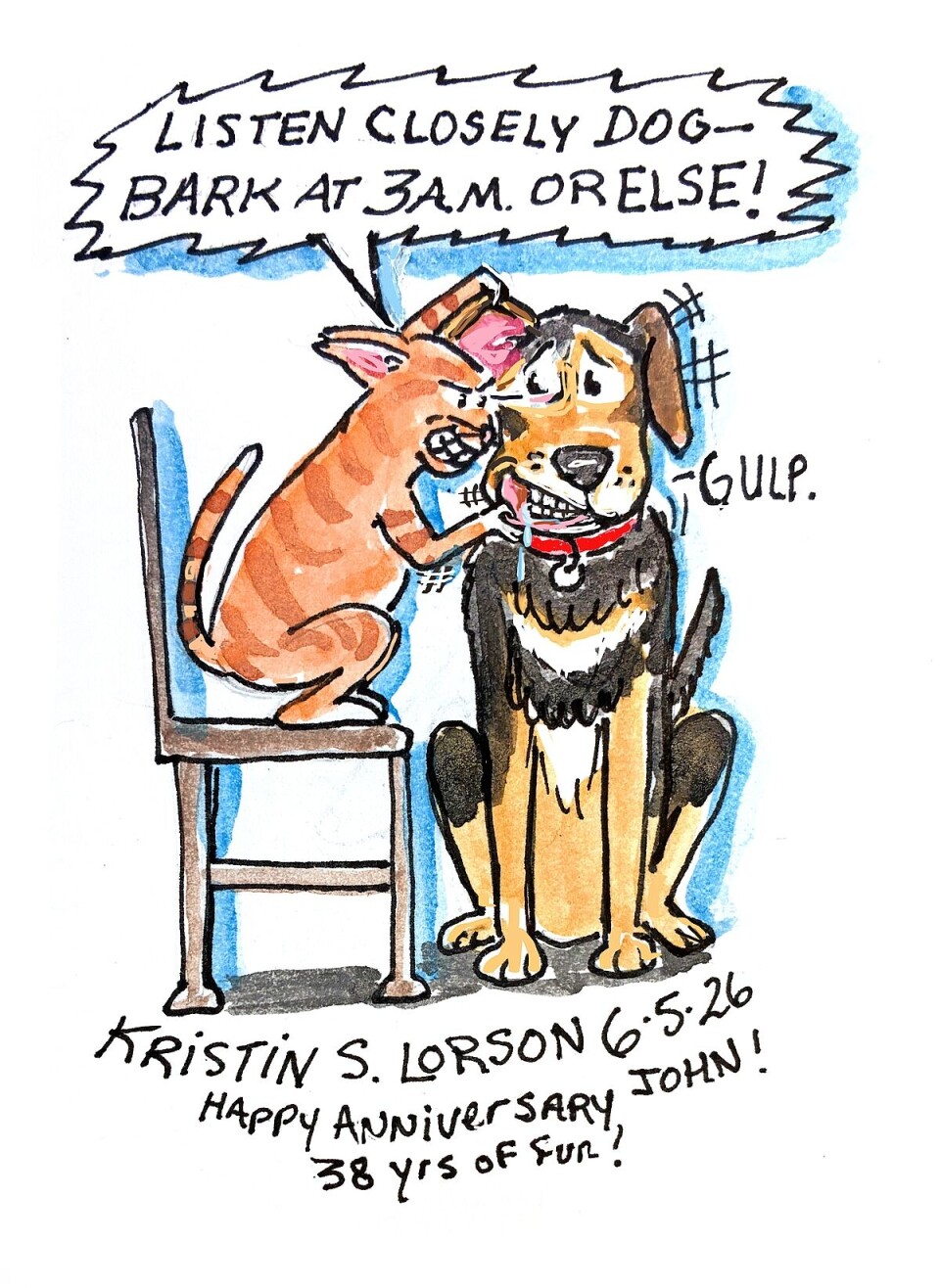 Illustrated card showing two dogs sitting together with handwritten speech text above them.