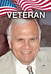 Portrait of a smiling man in a suit under a U.S. flag graphic labeled veteran.