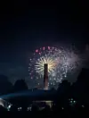 Fireworks exploding behind a tall monument at night above dark silhouettes of trees and buildings.