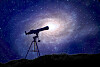 Silhouetted telescope on a tripod facing a glowing spiral galaxy in a starry night sky.